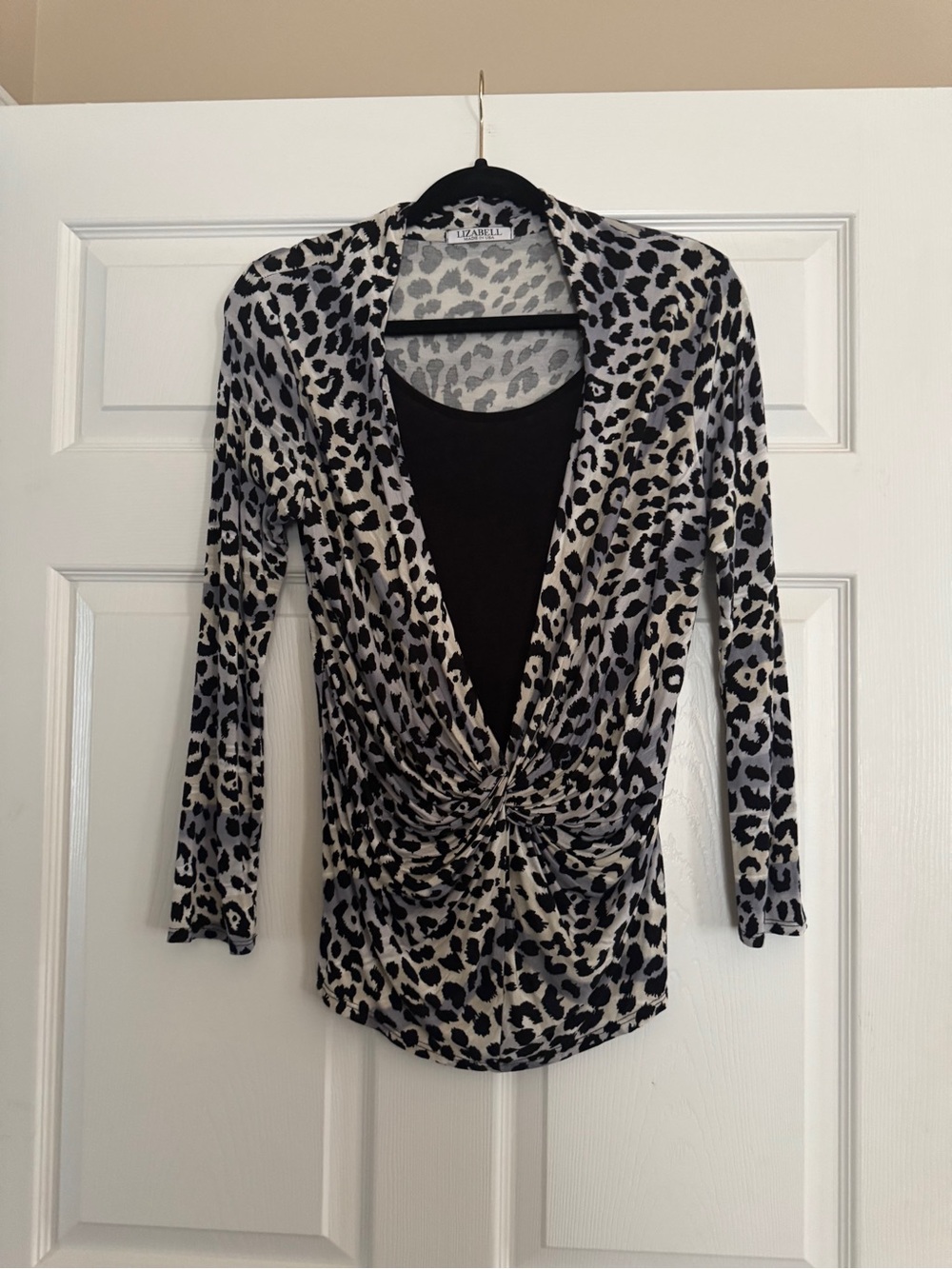 Lizabell made in the USA Black and White Leopard-Print Twist-Front Blouse